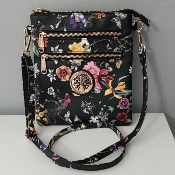 Dasein Handbags - NWOT Dasein Black W/ Floral Design Crossbody Bag